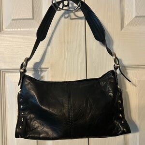 Liz Claiborne Black Leather Shoulder Bag with Brass Accents